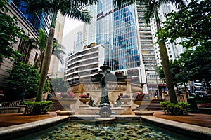 Fountain and modern skyscrapers at Sheung Wan, in Hong Kong, Hon