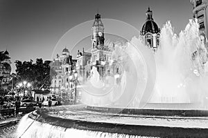 Fountain on Modernism Plaza of the City Hall of Valencia, Town hall Square, Spain.