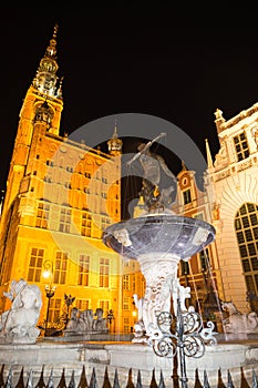 Fountain of the Neptune in old town of Gdansk, Poland