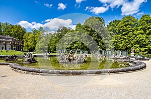 Fountain at the New Palace, Neues Schloss in the park of historical Hermitage Eremitage at Bayreuth, Bavaria, Germany