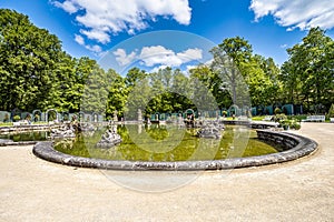 Fountain at the New Palace, Neues Schloss in the park of historical Hermitage Eremitage at Bayreuth, Bavaria, Germany