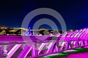 The fountain at night in the Heartland of America Park at the Riverfront in Omaha Nebraska USA.