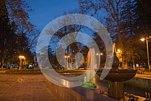 Fountain in the night park. Autumn night landscape in the park trees