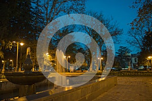 Fountain in the night park. Late Autumn Night in the Park