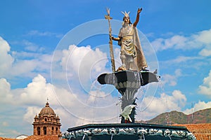 Fountain of Pachacuti, the Emperor of the Inca Empire, Landmark on Plaza de Armas Square in Historic Center of Cusco, Peru
