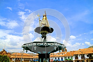 Fountain of Pachacuti, the Emperor of the Inca Empire, Plaza de Armas Square in Historic Center of Cusco, Peru