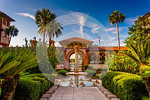 Fountain and palm trees at Flagler College, St. Augustine, Florida.