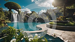 fountain in the park Fantasy swimming pool with a waterfall of dreams, with a landscape of floating islands and clouds