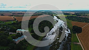 Fountain and Park With Old Mezotne Castle. Aerial Dron Shot. The Brightest Example of Classicism Architecture in Latvia.