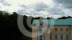 Fountain and Park With Old Mezotne Castle. Aerial Dron Shot. The Brightest Example of Classicism Architecture in Latvia.