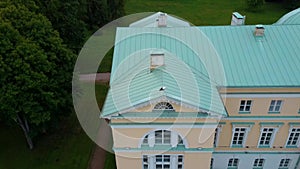 Fountain and Park With Old Mezotne Castle. Aerial Dron Shot. The Brightest Example of Classicism Architecture in Latvia.