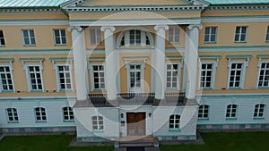 Fountain and Park With Old Mezotne Castle. Aerial Dron Shot. The Brightest Example of Classicism Architecture in Latvia.