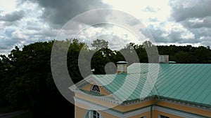 Fountain and Park With Old Mezotne Castle. Aerial Dron Shot. The Brightest Example of Classicism Architecture in Latvia.