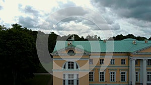 Fountain and Park With Old Mezotne Castle. Aerial Dron Shot. The Brightest Example of Classicism Architecture in Latvia.