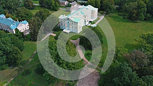Fountain and Park With Old Mezotne Castle. Aerial Dron Shot. The Brightest Example of Classicism Architecture in Latvia.
