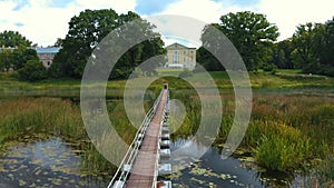 Fountain and Park With Old Mezotne Castle. Aerial Dron Shot. The Brightest Example of Classicism Architecture in Latvia.