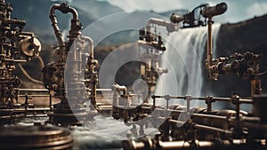 fountain in the park Steam punk waterfall with a landscape of pipes and valves, with a Dry Nur waterfall