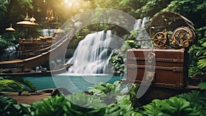 Steam punk waterfall in tropical garden during spring of adventure, with a landscape of wooden box treasure chest