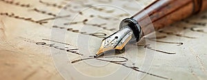 Fountain pen on an antique handwritten letter. Vintage nib pen and handwritten english cursive style font copperplate, spencerian photo