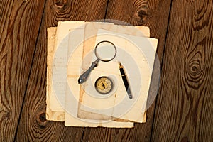 Fountain pen compass and magnifying glass