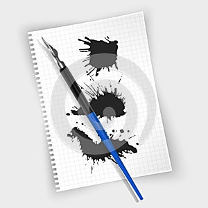 Fountain pen, fountain pen on sheet of paper and Black ink paint spots. Vector Realistic style illustrated