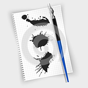 Fountain pen, fountain pen on sheet of paper and Black ink paint spots. Vector Realistic style illustrated