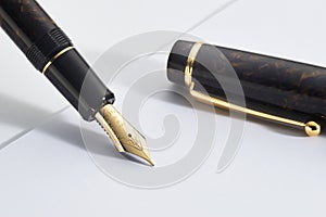 Fountain pen with gold feather on sheet of paper