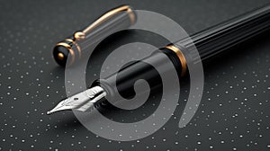 A fountain pen with a gold nib and black ink on top of a table, AI
