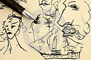 Fountain pen on old paper with ink hand drawing sample.