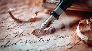 fountain pen over parchment with text written in ink world poetry day