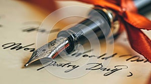 fountain pen with red ribbon over parchment with text written in ink world poetry day, poster