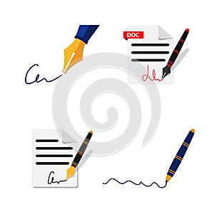 A fountain pen signs the document. A paper sheet with a signature.