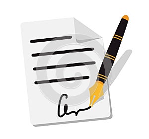 A fountain pen signs the document. A paper sheet with a signature.