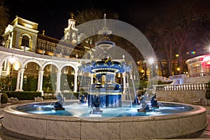 Fountain in the philarmony park in Baku city, Azerbaijan. Philharmonic Fountain Park. Azerbaijan State Philharmonic Hall is the