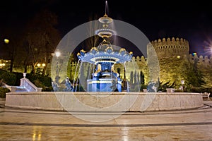 Fountain in the philarmony park in Baku city, Azerbaijan. Philharmonic Fountain Park. Azerbaijan State Philharmonic Hall is the