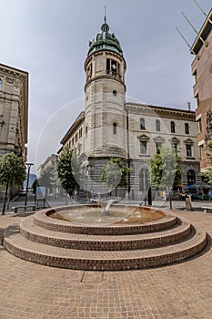 The fountain in the Piazzetta della Posta in the historic center of Lugano, Switzerland