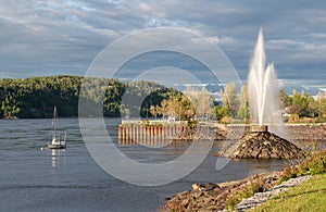 Fountain and pier at port lands of Chicoutimi Quebec on the Saguenay River