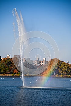 Fountain and rainbow at the Central Park Reservoir or Jacqueline Kennedy Onassis Reservoir in New York city during the autumn seas