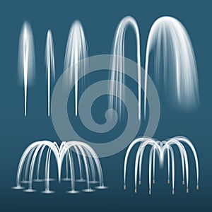 Fountain realistic. Decorative water splashes spray liquids from fountain jet vector templates collection