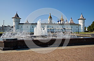 Fountain on the Red square with the Tobolsk Kremlin on the background. Tobolsk. Russia