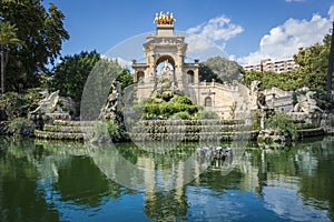 Fountain reflection in Parc de la Ciutadella, Barcelona, Spain