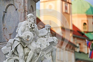 The fountain of Robba fountain - three carniolan rivers in Ljubljana, at sunset.