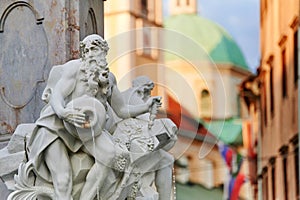 The fountain of Robba fountain - three carniolan rivers in Ljubljana, at sunset.