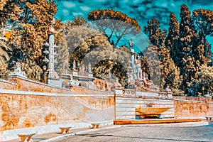 Fountain of Rome`s Goddess and Terrace de Pincio Terrazza del Pincio near People Square Piazza del Popolo  in Rome. Italy
