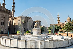 Fountain and Salah El-Deen square and and background of Qanibay al-Rahman Mosque, Mosque of Madrassa of Sultan Hassan and the