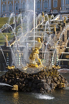 Fountain `Samson tearing open the jaws of a lion`, Grand cascade in Pertergof, Saint-Petersburg