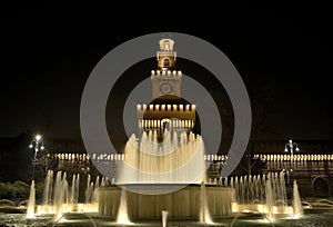 Fountain of Sforza Castle in Milan night scene long exposure 