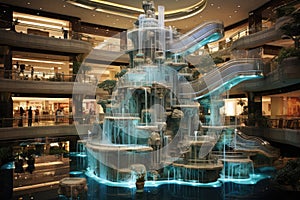 Fountain in the shopping mall. Sharm El Sheikh, Egypt, A bustling multi-level shopping mall with a fountain and glass elevator, AI
