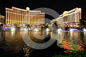 Fountain show at Bellagio hotel and casino at night, Las Vegas,