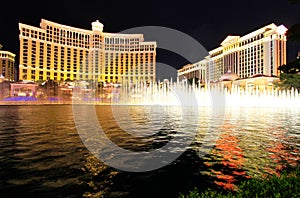 Fountain show at Bellagio hotel and casino at night, Las Vegas,